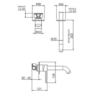 FELTON LINEA WALL MOUNTED BASIN/BATH MIXER 200MM BRUSHED GOLD