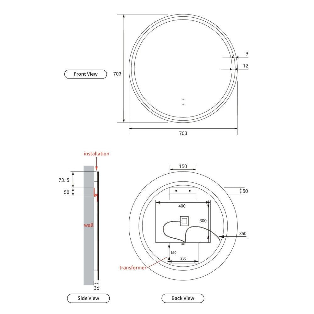 AULIC WINDSOR LED MIRROR MATTE BLACK 3 COLOUR LIGHTS 700X700MM