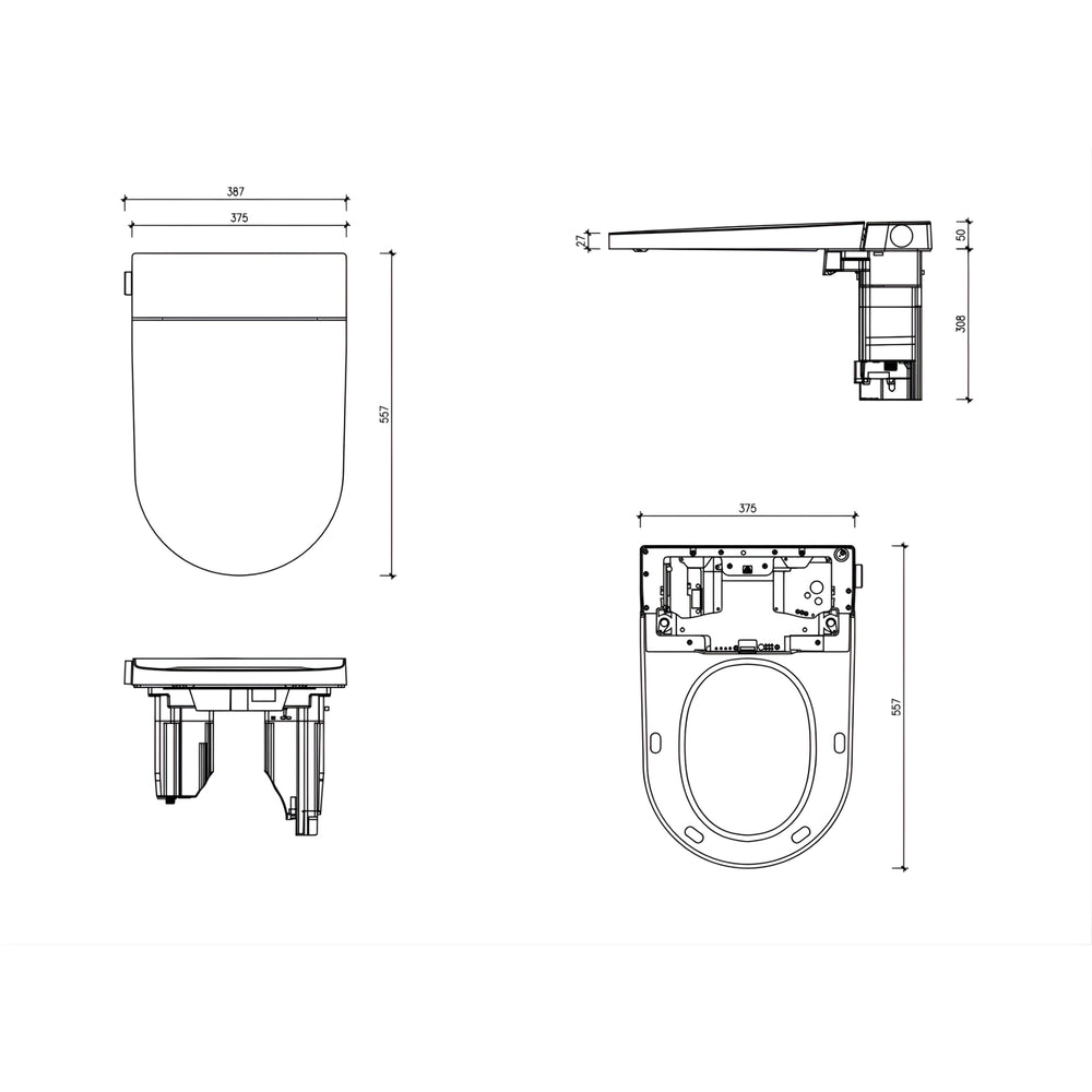 ZUMI ZERO RIMLESS BACK-TO-WALL TOILET AND SMART BIDET SEAT W/ REMOTE CONTROL PACKAGE D-SHAPE WHITE