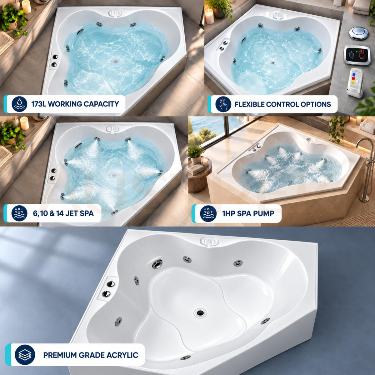 BROADWAY ZAMORA CORNER SPA BATHTUB WHITE 1485MM WITH JET CONFIGURATIONS
