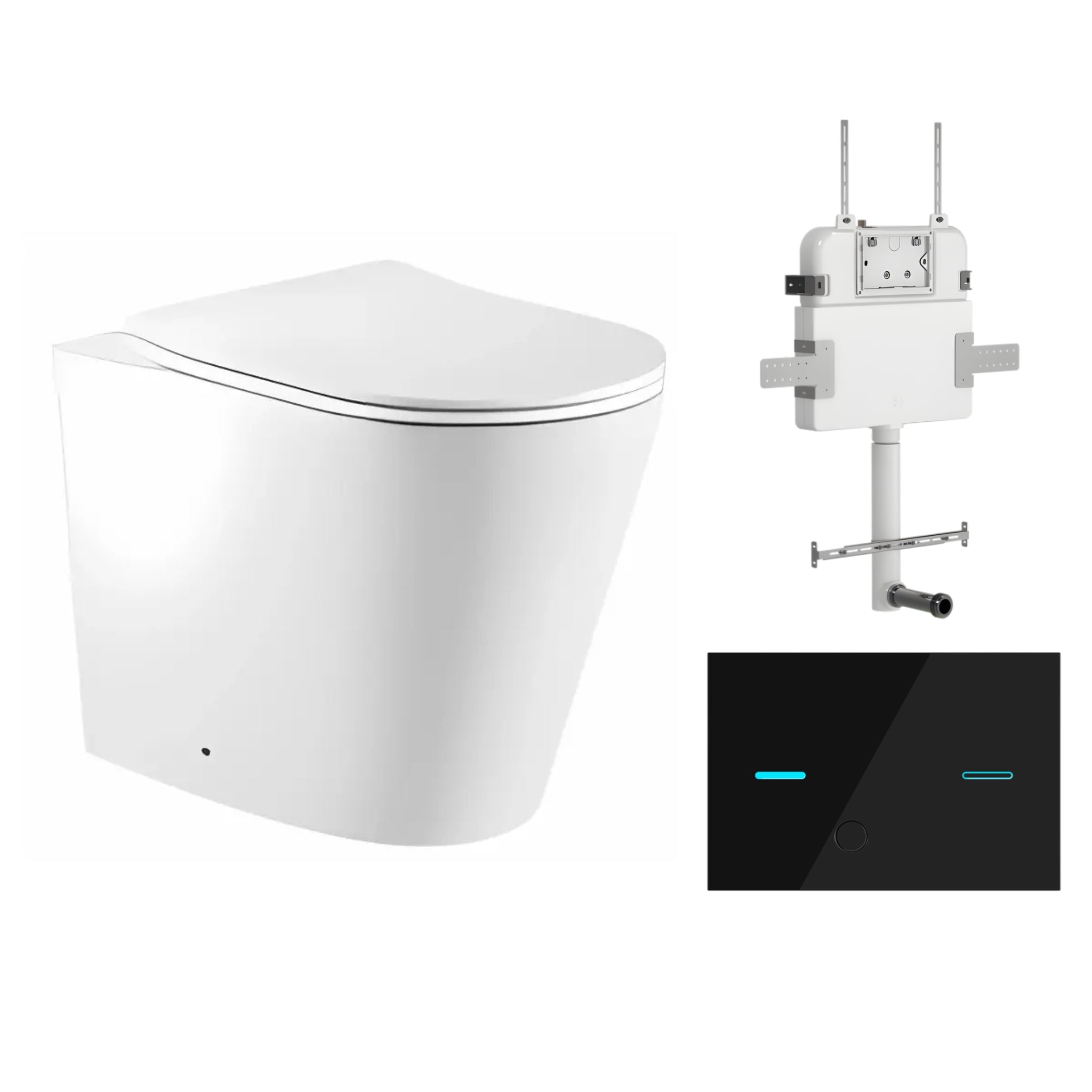 ZUMI ZERO RIMLESS WALL FACED FLOOR PAN WITH R&T IN WALL CISTERN & SENSOR TOUCHLESS BUTTON PACKAGE GLOSS WHITE
