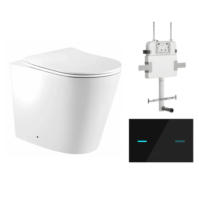 ZUMI ZERO RIMLESS WALL FACED FLOOR PAN WITH R&T IN WALL CISTERN & SENSOR TOUCHLESS BUTTON PACKAGE GLOSS WHITE
