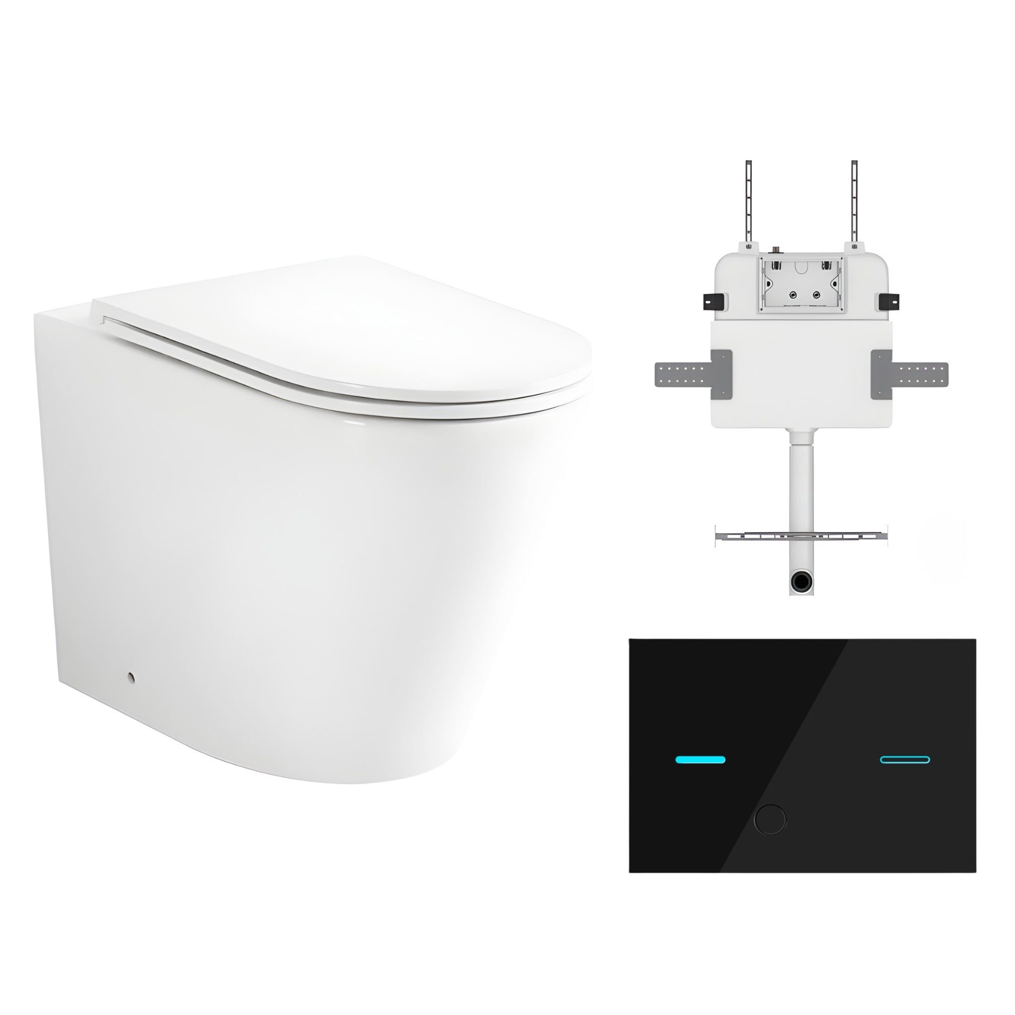 ZUMI JAVA RIMLESS WALL FACED FLOOR PAN WITH R&T IN WALL CISTERN & SENSOR TOUCHLESS BUTTON PACKAGE GLOSS WHITE