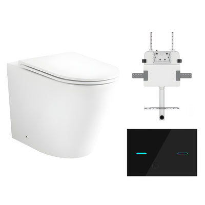 ZUMI JAVA RIMLESS WALL FACED FLOOR PAN WITH R&T IN WALL CISTERN & SENSOR TOUCHLESS BUTTON PACKAGE GLOSS WHITE