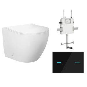 ZUMI VENUS RIMLESS WALL FACED FLOOR PAN WITH R&T IN WALL CISTERN & SENSOR TOUCHLESS BUTTON PACKAGE GLOSS WHITE