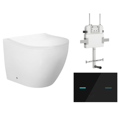 ZUMI VENUS RIMLESS WALL FACED FLOOR PAN WITH R&T IN WALL CISTERN & SENSOR TOUCHLESS BUTTON PACKAGE GLOSS WHITE