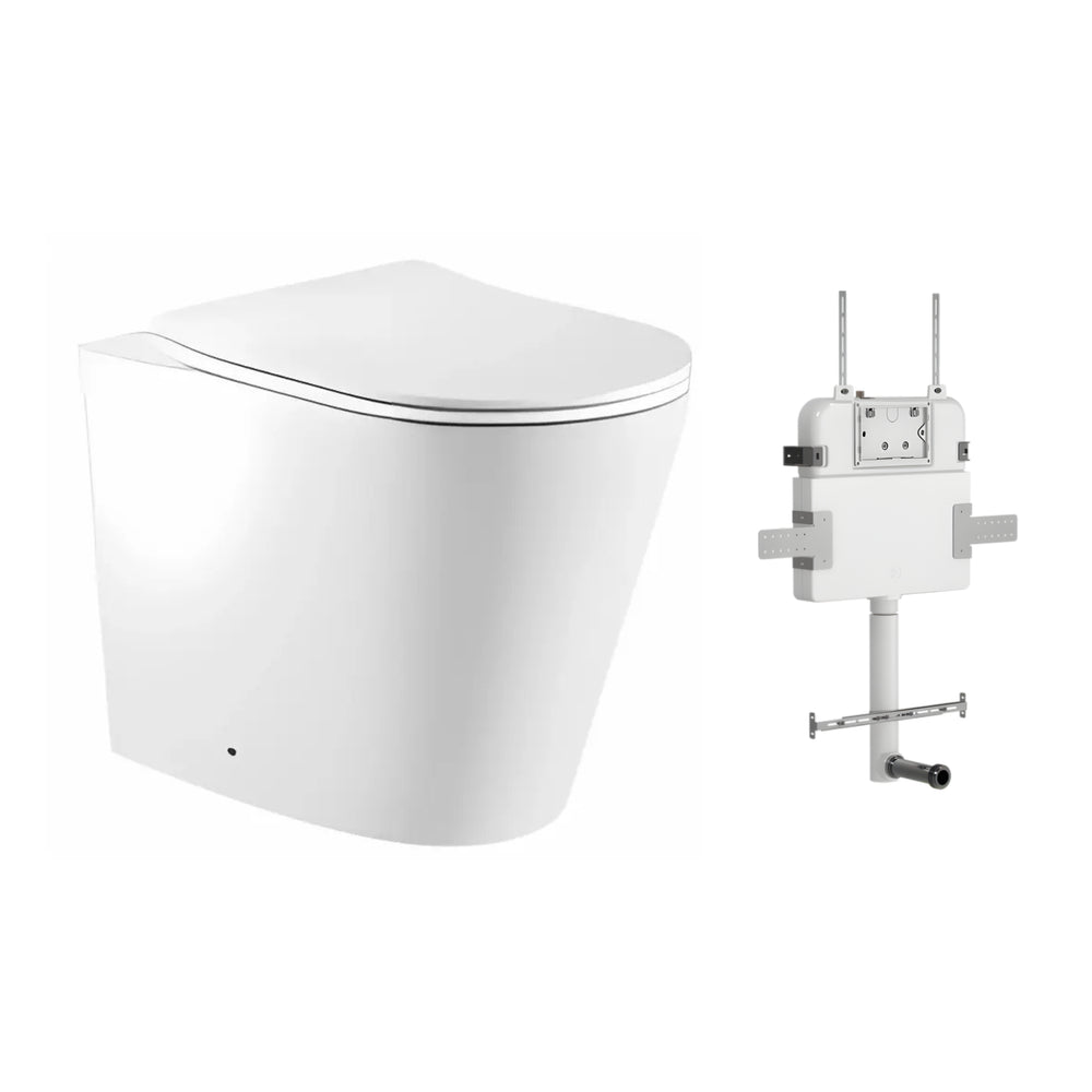ZUMI ZERO RIMLESS WALL FACED FLOOR PAN WITH R&T IN WALL CISTERN & FLUSH BUTTON PACKAGE GLOSS WHITE