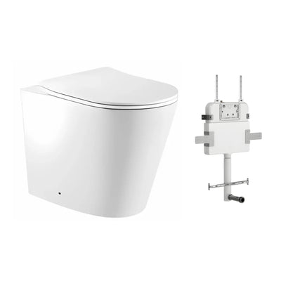 ZUMI ZERO RIMLESS WALL FACED FLOOR PAN WITH R&T IN WALL CISTERN & FLUSH BUTTON PACKAGE GLOSS WHITE