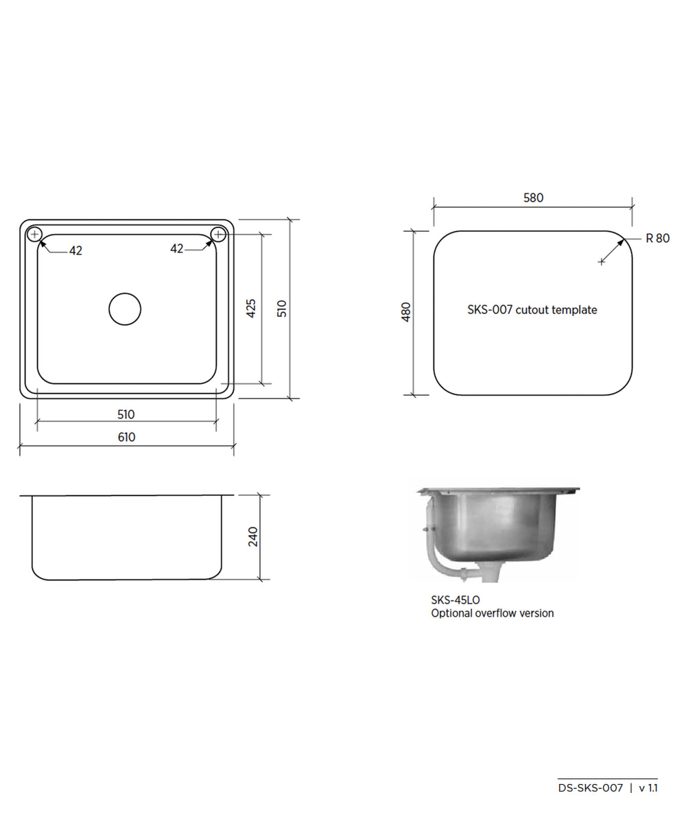 SEIMA ACERO 007 SINGLE BOWL LAUNDRY SINK WITH OVERFLOW STAINLESS STEEL 610MM