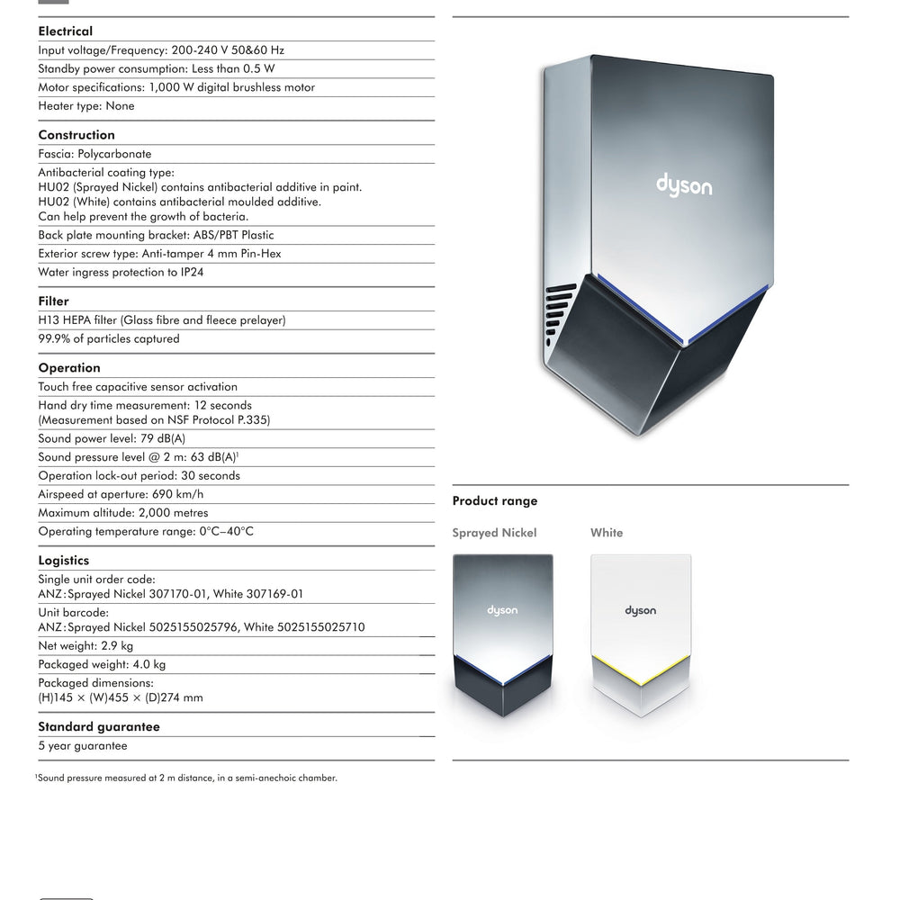 DYSON AIRBLADE V SENSOR HAND DRYER SPRAYED NICKEL 394MM X 234MM