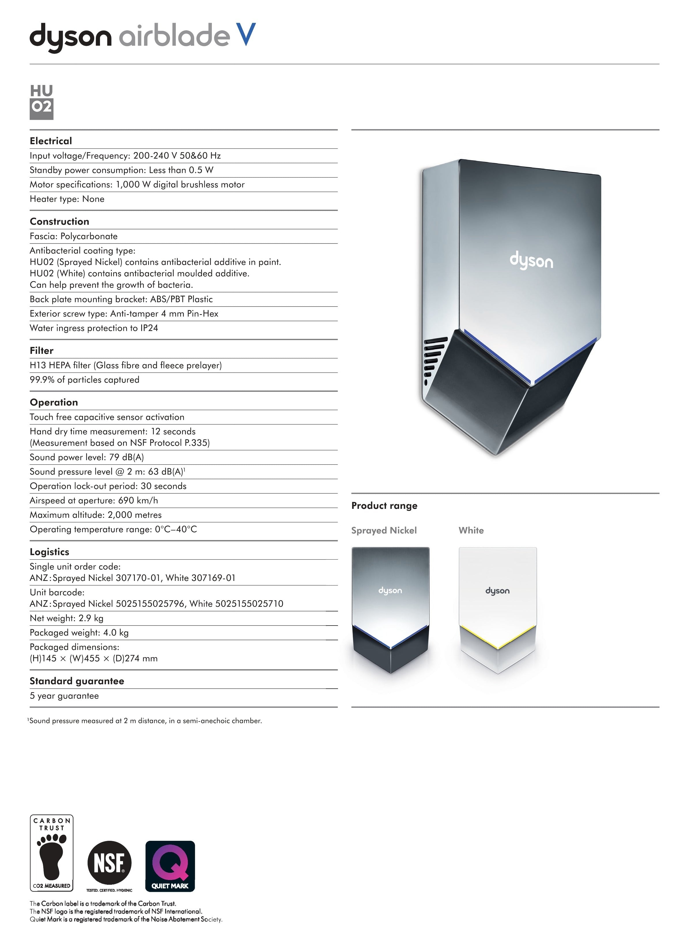 DYSON AIRBLADE V SENSOR HAND DRYER SPRAYED NICKEL 394X234X100MM