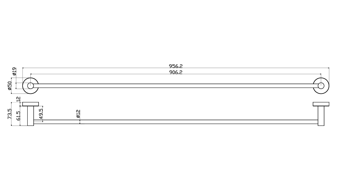 IKON OTUS SLIMLINE SS304 NON-HEATED TOWEL RAIL SINGLE 900MM STAINLESS STEEL - Technical Diagram