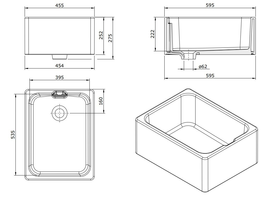 TURNER HASTINGS BELFAST FARMHOUSE BUTLER SINK WITH INTERNAL OVERFLOW GLOSS WHITE 600MM