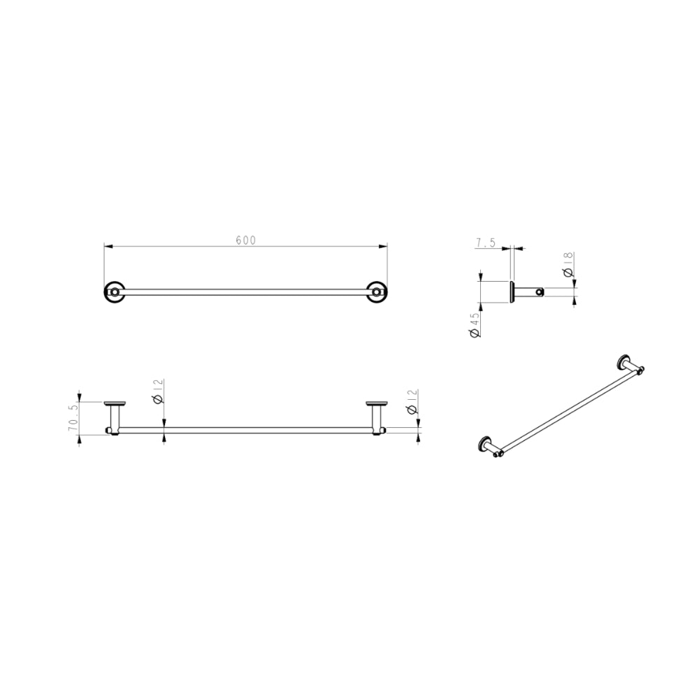 BELLA VISTA MICA HERITAGE SINGLE TOWEL RAIL BRUSHED NICKEL 600MM