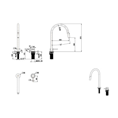 BELLA VISTA MICA LEAD FREE PULL-OUT HOB MIXER SET 375MM BRUSHED NICKEL