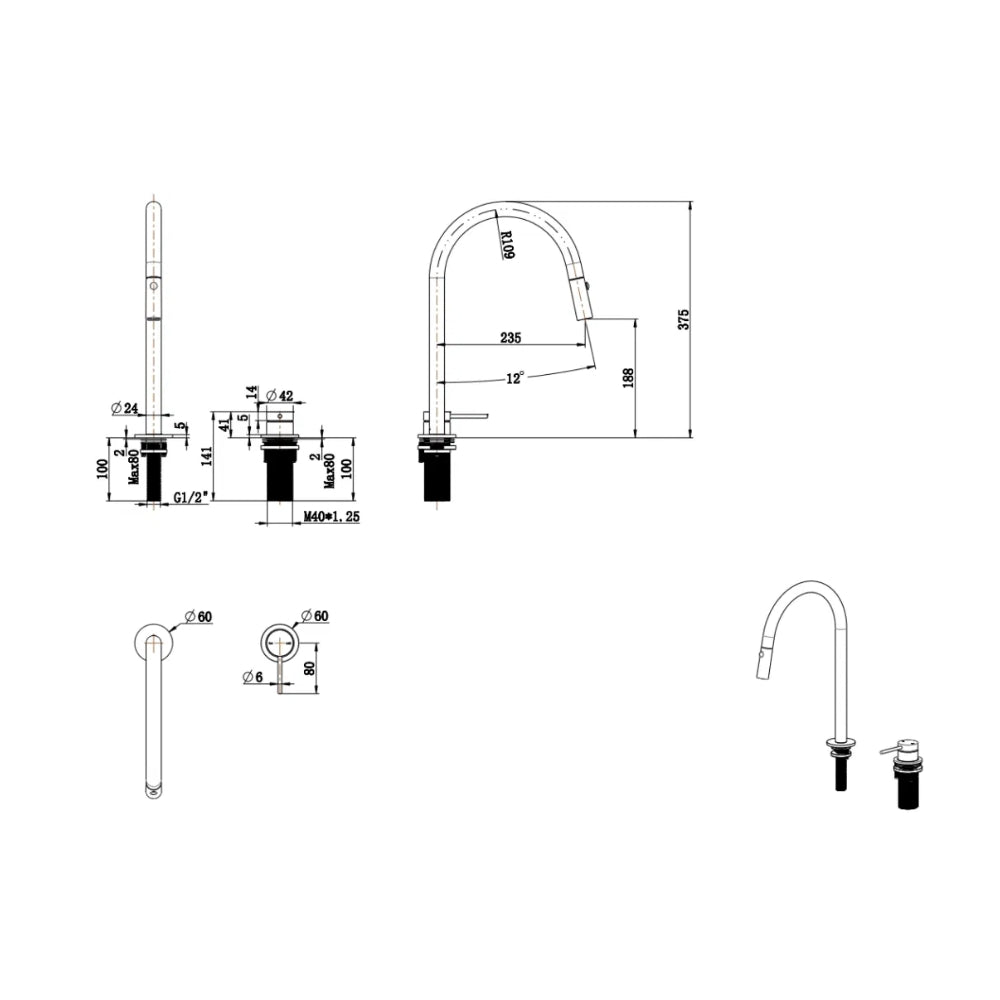 BELLA VISTA MICA LEAD FREE PULL-OUT HOB MIXER SET 375MM GUN METAL