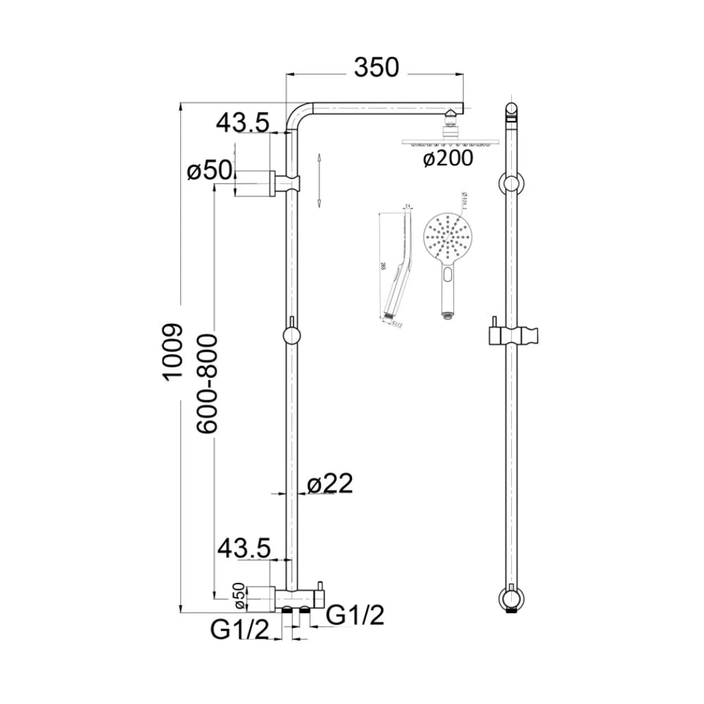 BELLA VISTA MICA DUAL SHOWER RAIL RETROFIT 1000MM CHROME