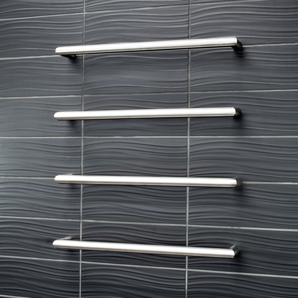 RADIANT HEATING LOW VOLTAGE SINGLE ROUND HEATED TOWEL RAIL BRUSHED SATIN (AVAILABLE IN 650MM AND 800MM)