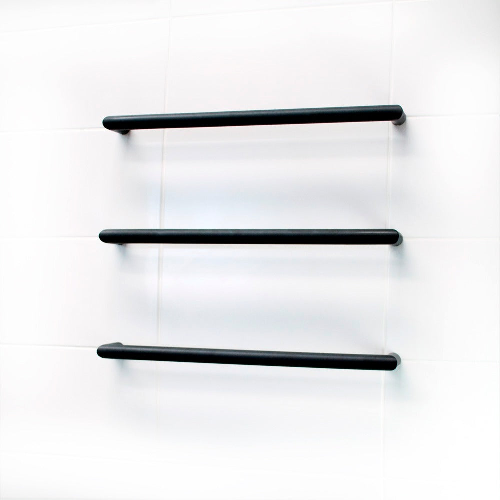 RADIANT HEATING ROUND HEATED SINGLE TOWEL RAIL MATTE BLACK 500MM, 650MM AND 800MM