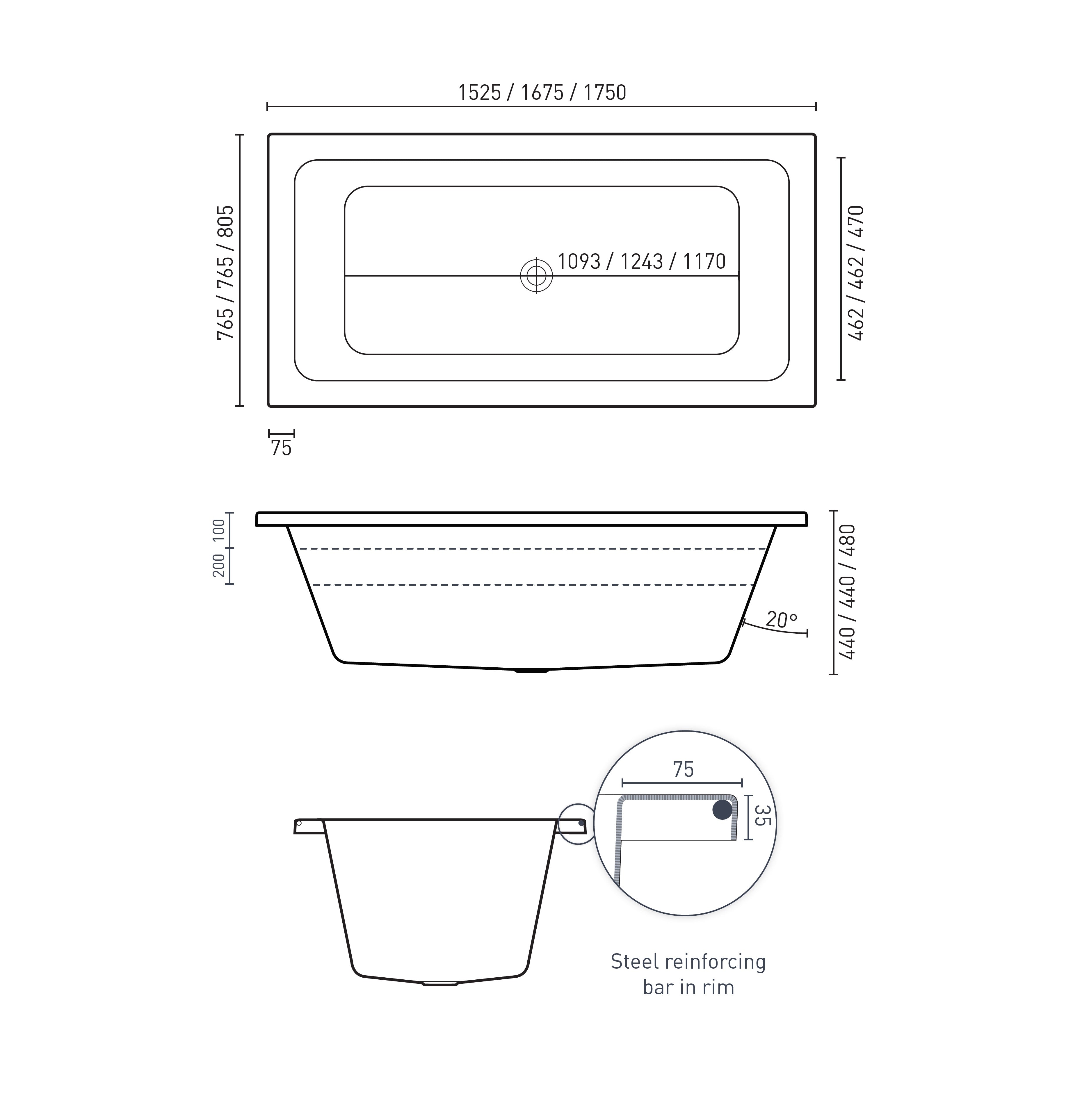 DECINA CARINA INSET CONTOUR SPA BATH GLOSS WHITE (AVAILABLE IN 1525MM, 1675MM AND 1750MM) WITH 14-JETS