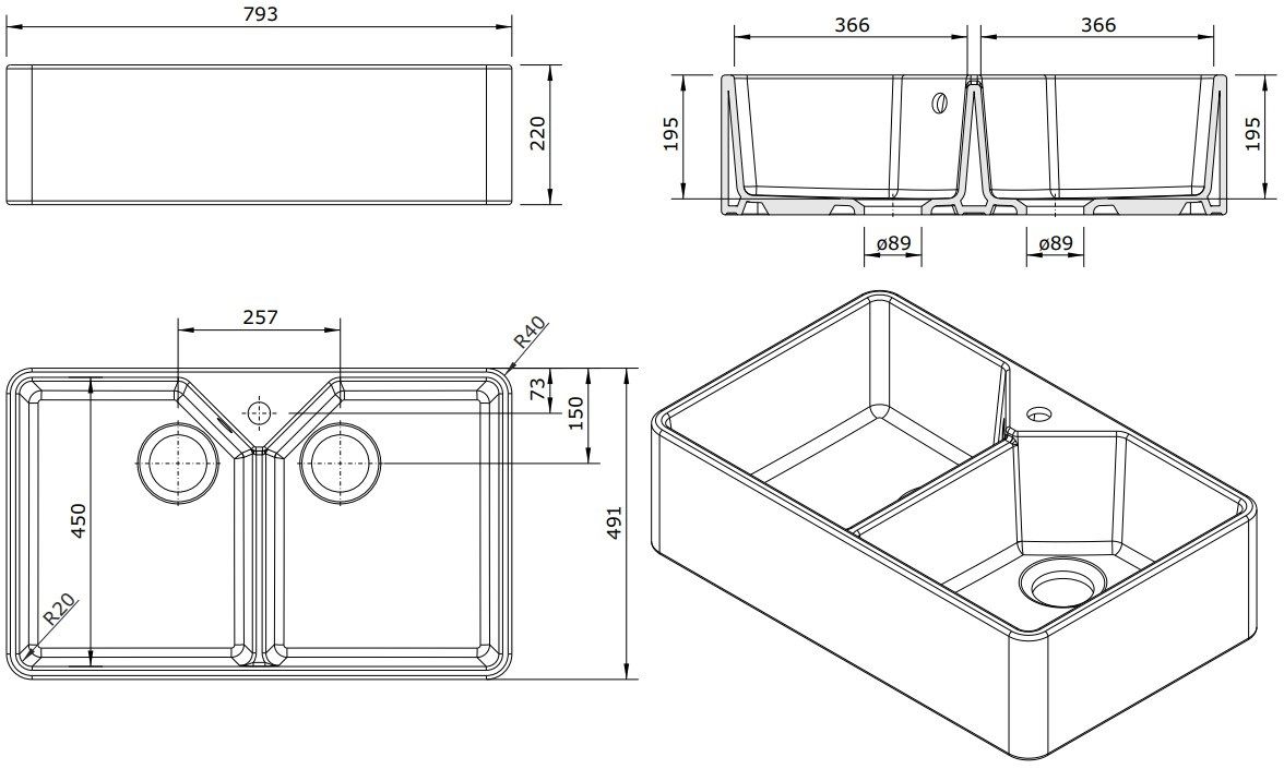 TURNER HASTINGS CHESTER FARMHOUSE DOUBLE BOWL BUTLER SINK WITH TAPHOLE AND OVERFLOW GLOSS WHITE 800MM