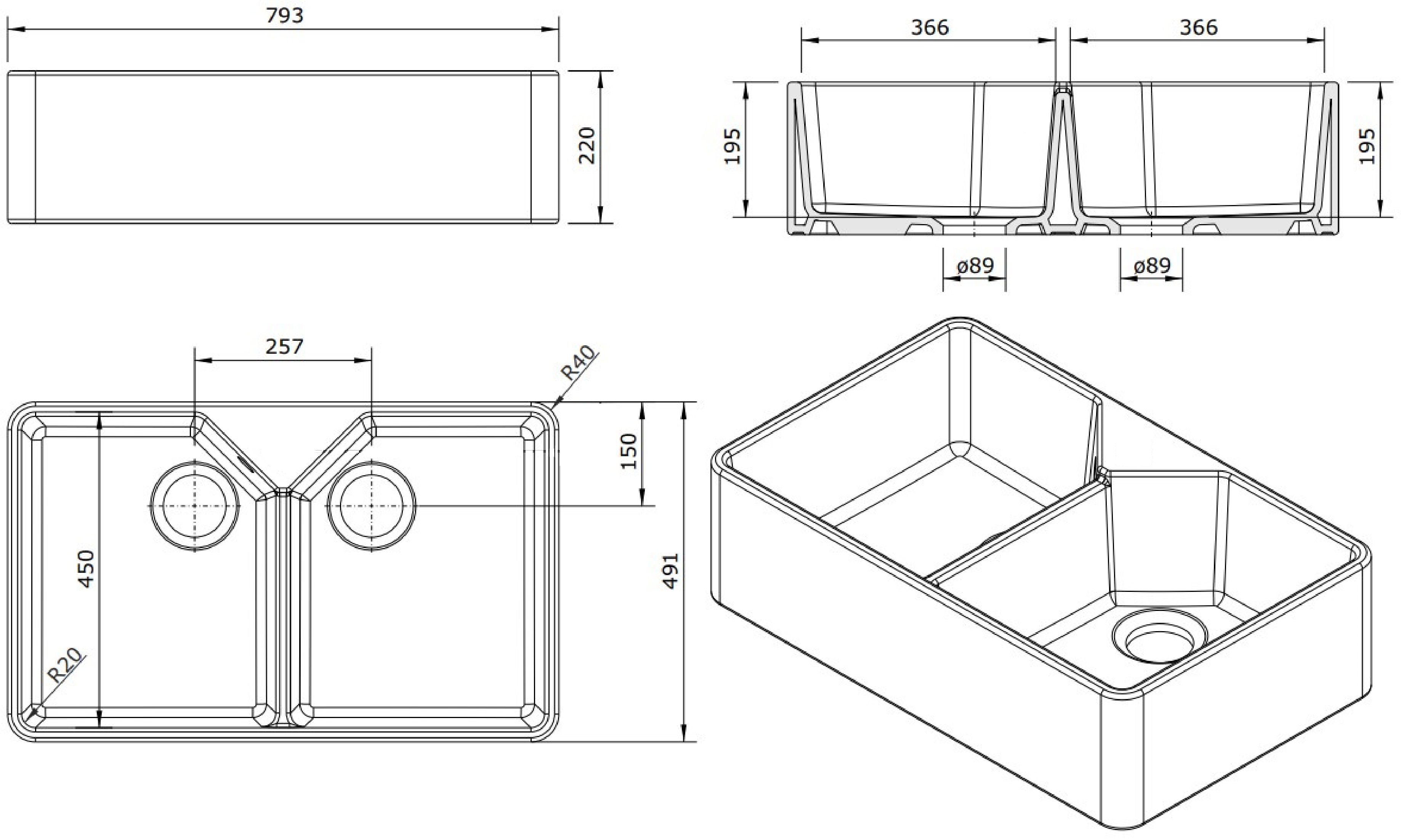 TURNER HASTINGS CHESTER FARMHOUSE DOUBLE BOWL BUTLER SINK WITH ONE TAPHOLE GLOSS WHITE 800MM