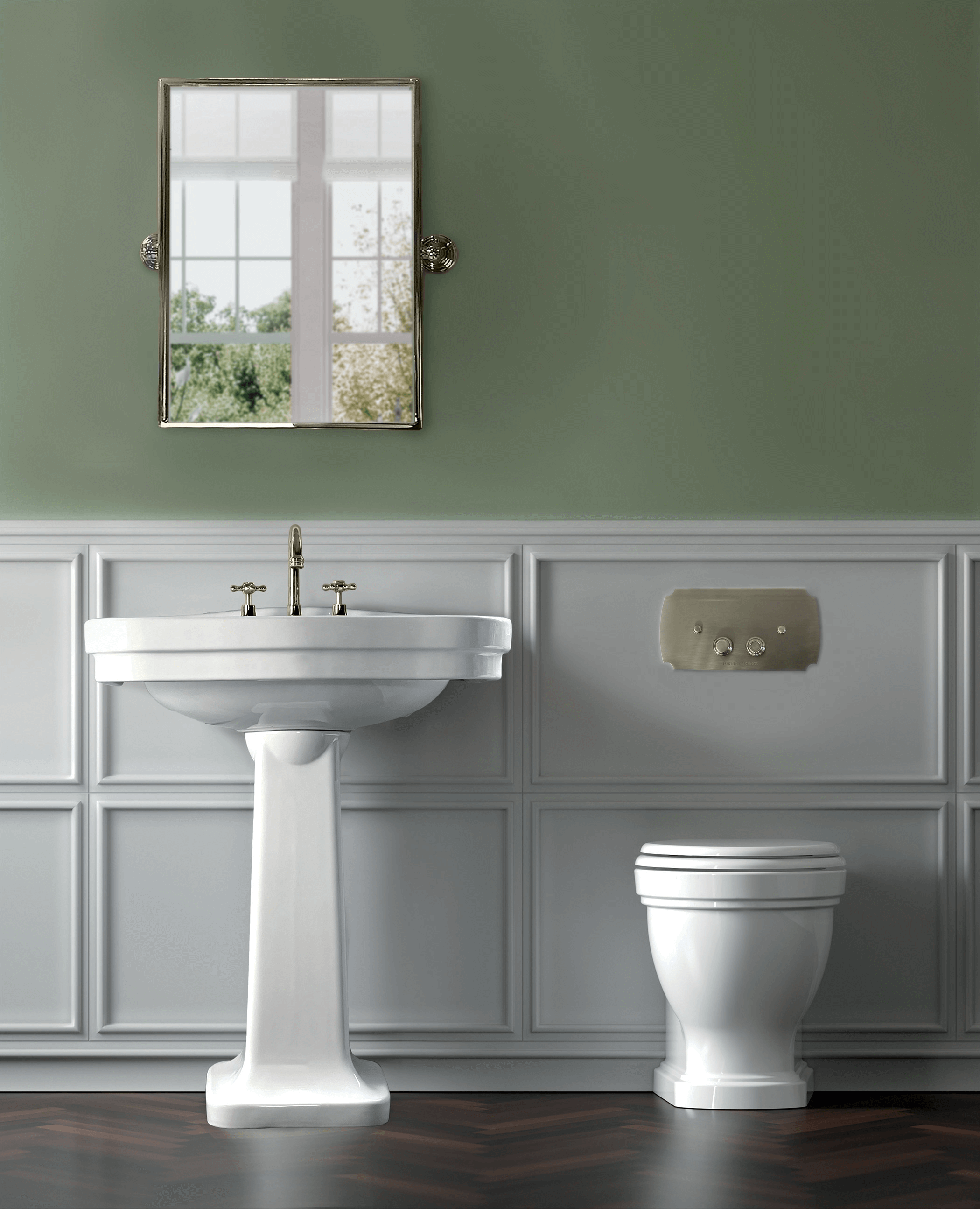 TURNER HASTINGS CLAREMONT WALL FACED PAN WITH GEBERIT IN WALL CISTERN & TRADITIONAL FLUSH PLATE