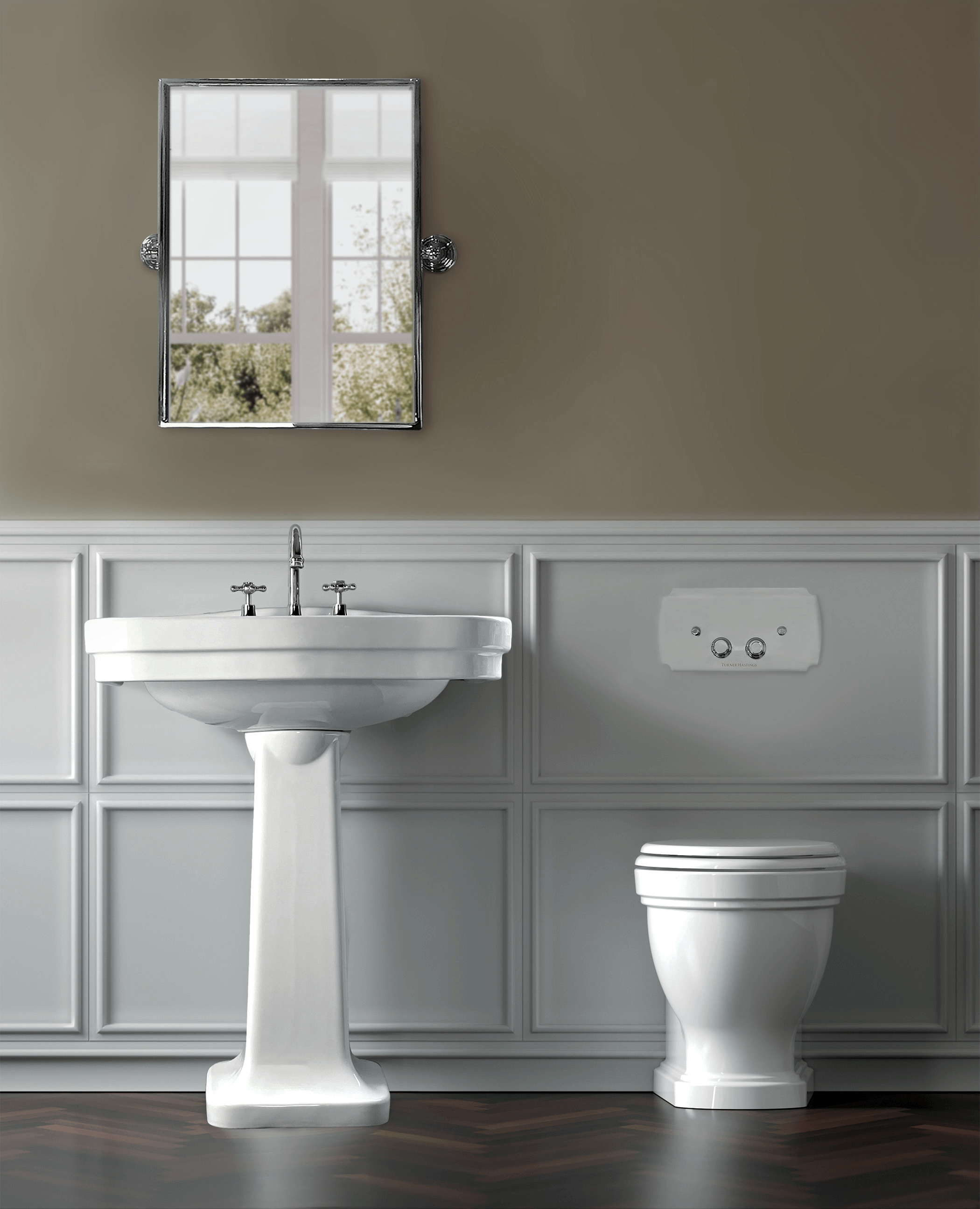 TURNER HASTINGS CLAREMONT WALL FACED PAN WITH GEBERIT IN WALL CISTERN & TRADITIONAL FLUSH PLATE
