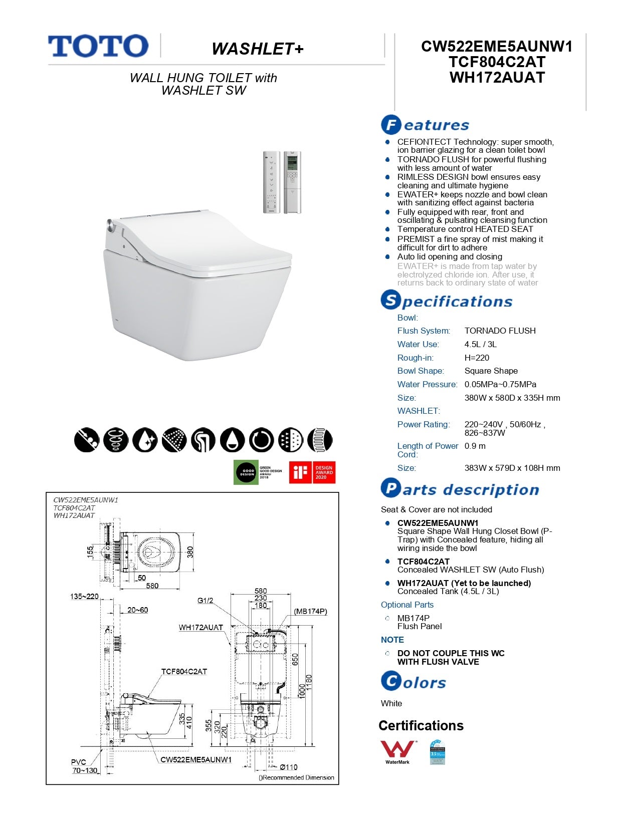 TOTO SW WALL HUNG TOILET WITH WASHLET PACKAGE W/ AUTOLID AND AUTOFLUSH GLOSS WHITE