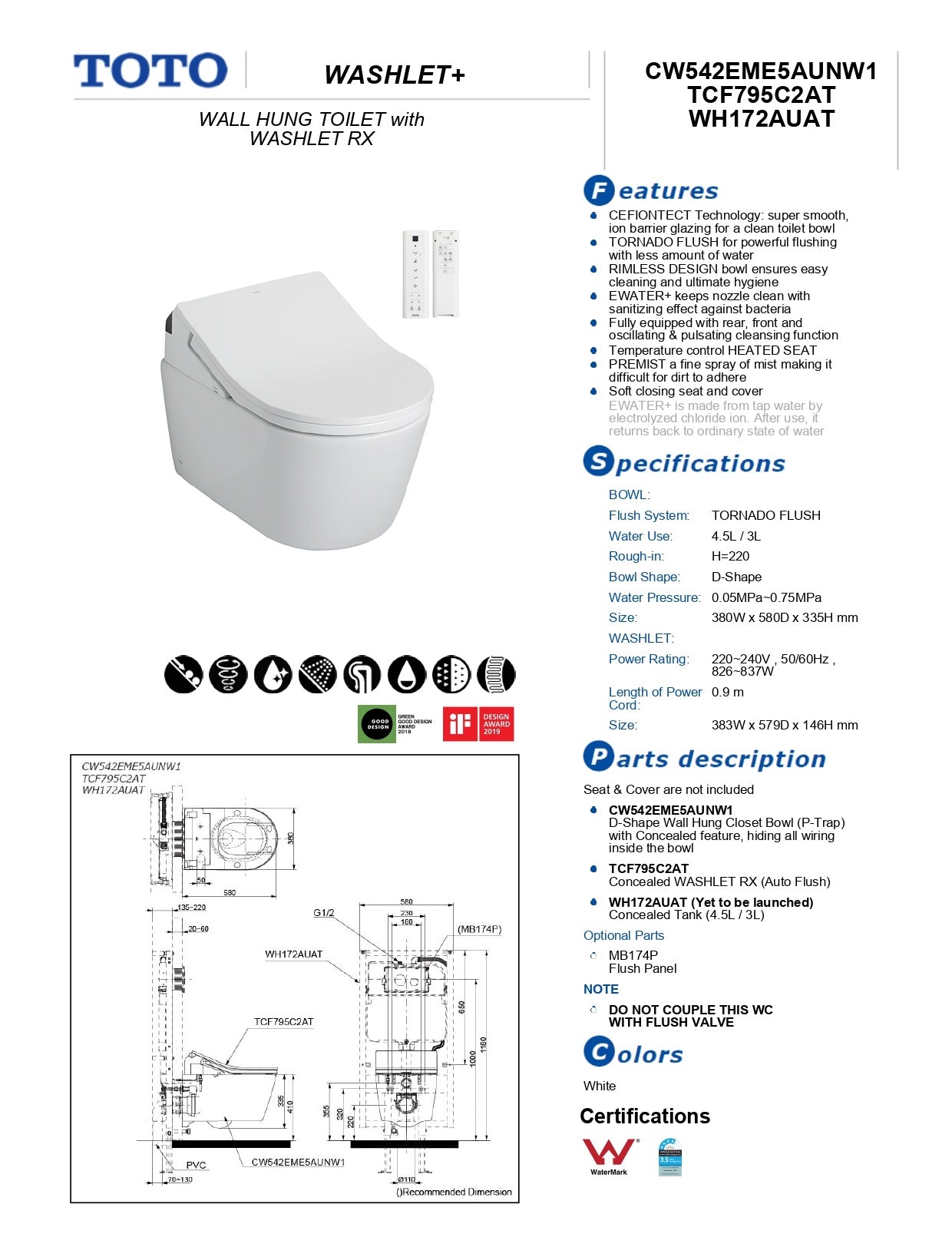 TOTO RX WALL HUNG TOILET WITH WASHLET W/ REMOTE CONTROL PACKAGE (D-SHAPE) GLOSS WHITE