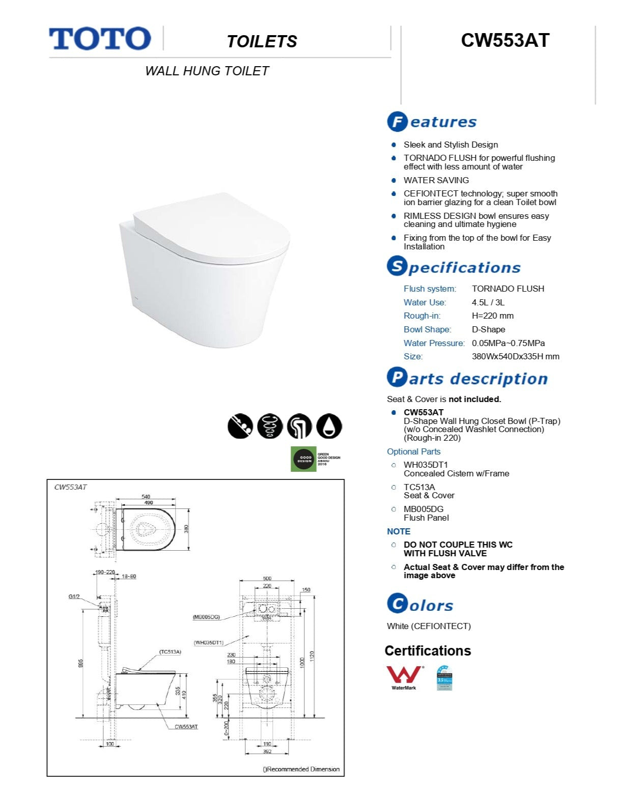 TOTO WALL HUNG RIMLESS TOILET D-SHAPE GLOSS WHITE