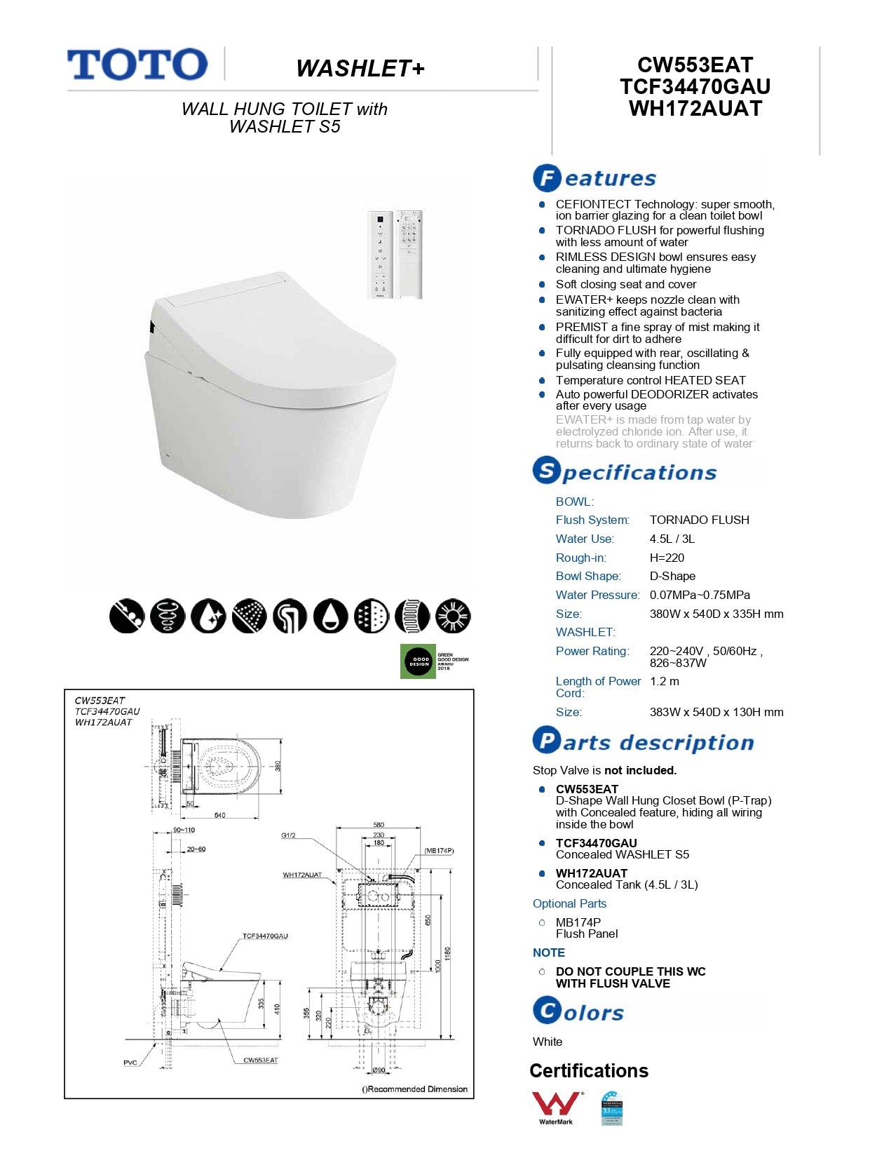 TOTO WALL HUNG RIMLESS TOILET AND S5 WASHLET W/ REMOTE CONTROL PACKAGE D-SHAPE GLOSS WHITE