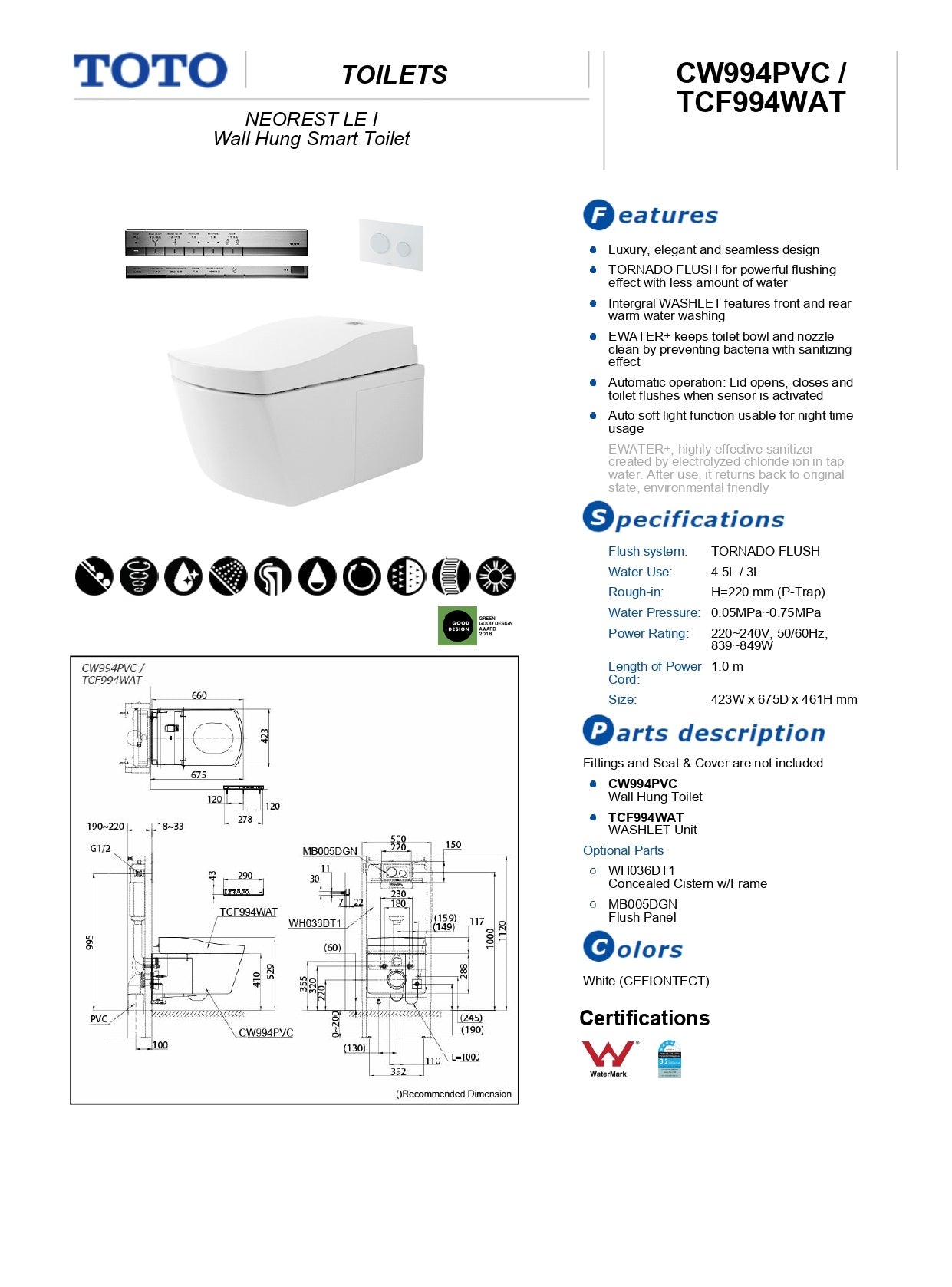 TOTO NEOREST LE I WALL HUNG INTEGRATED TOILET AND WASHLET W/ SILVER REMOTE PACKAGE GLOSS WHITE