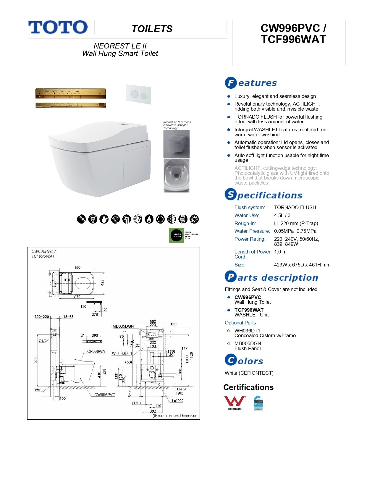 TOTO NEOREST LE II WALL HUNG TOILET AND WASHLET W/ GOLD REMOTE PACKAGE GLOSS WHITE