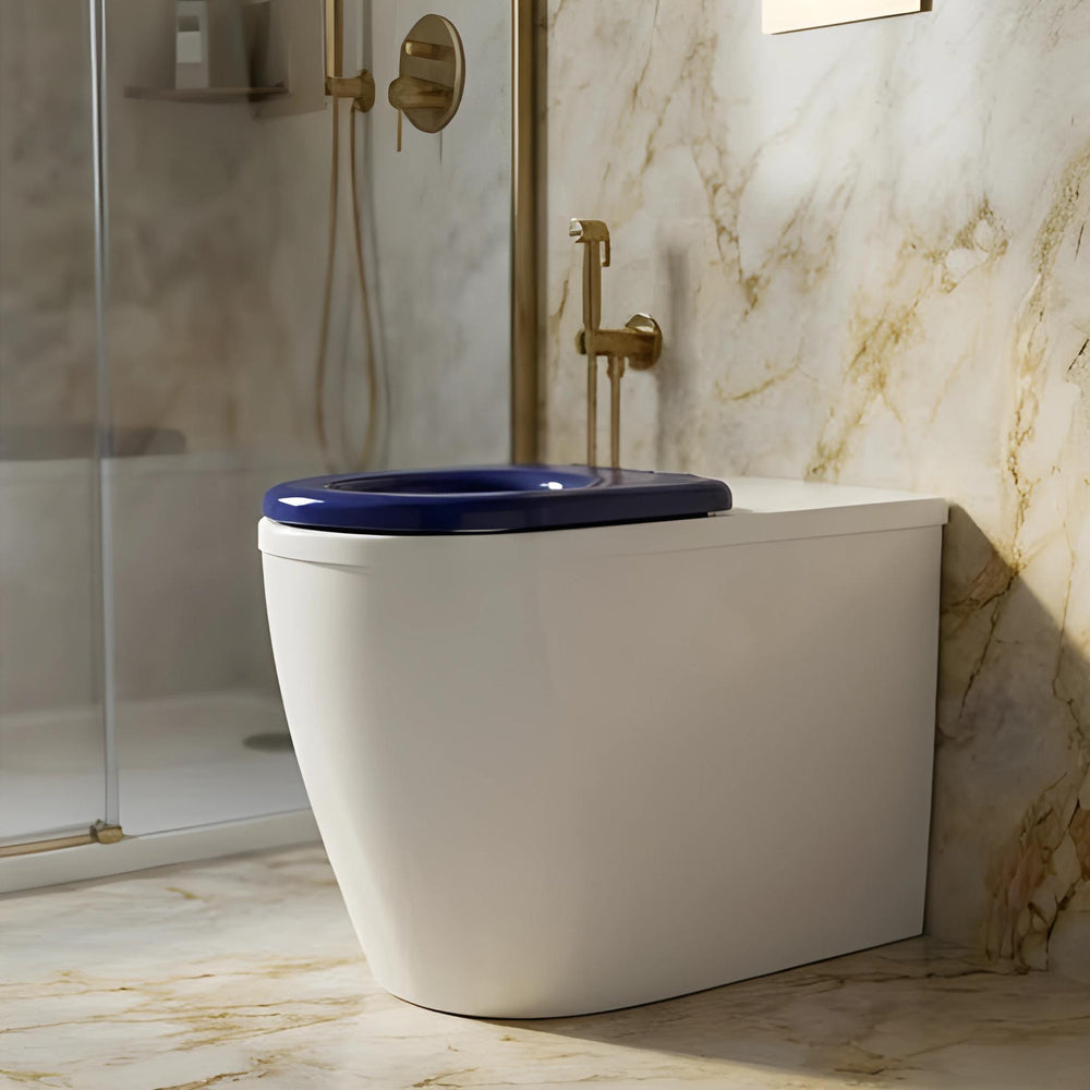 VITO EVIDA CARE WALL FACED TOILET PAN GLOSS WHITE WITH BLUE SEAT