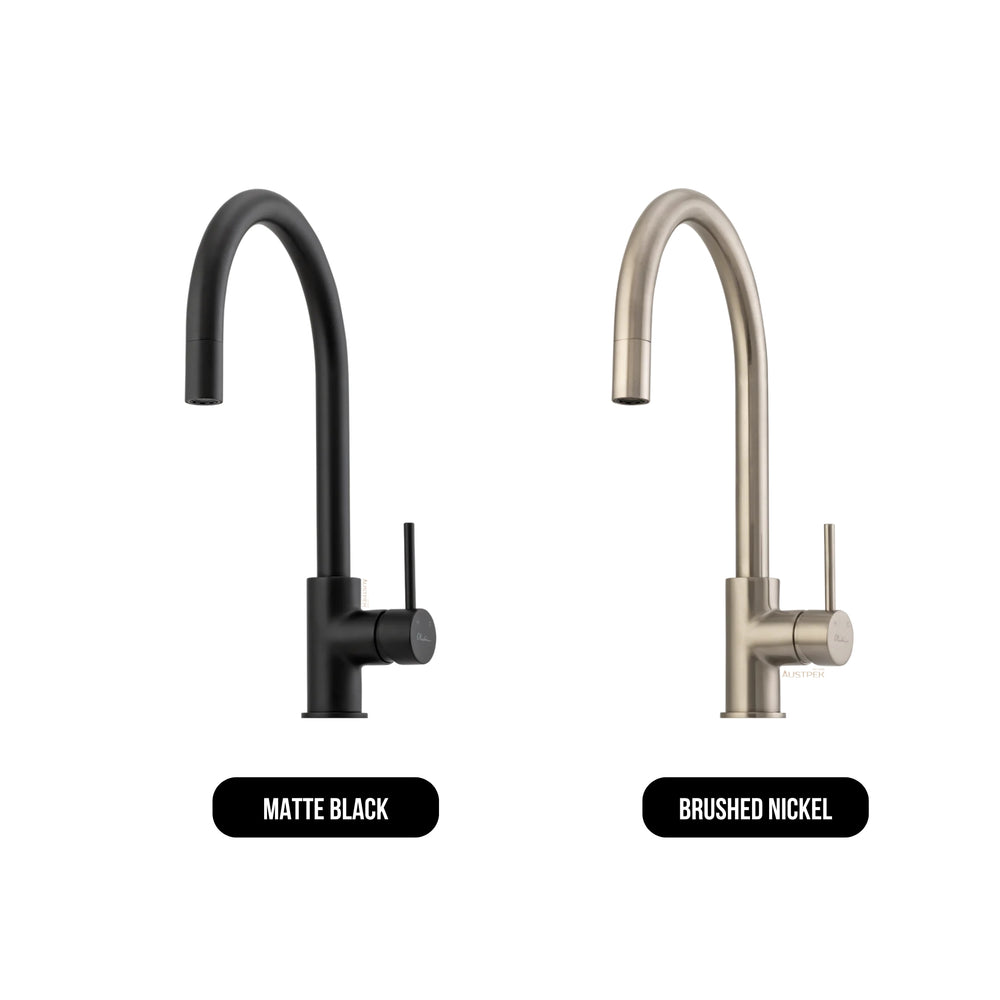 OLIVERI VENICE PULL OUT GOOSE NECK KITCHEN MIXER 382MM BRUSHED NICKEL