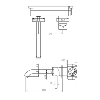 AMOZA LEAD FREE WALL MOUNTED BASIN / BATH MIXER 180MM BRUSHED COPPER