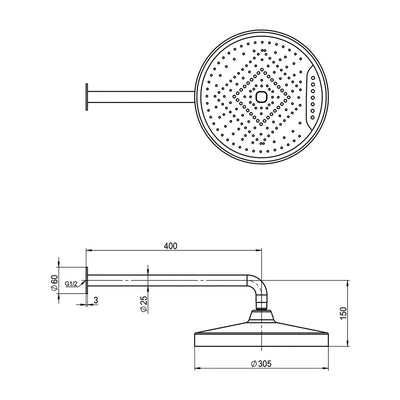 AMOZA CURVED SHOWER ARM & HEAD 2 PACKS 300MM BRUSHED STAINLESS STEEL