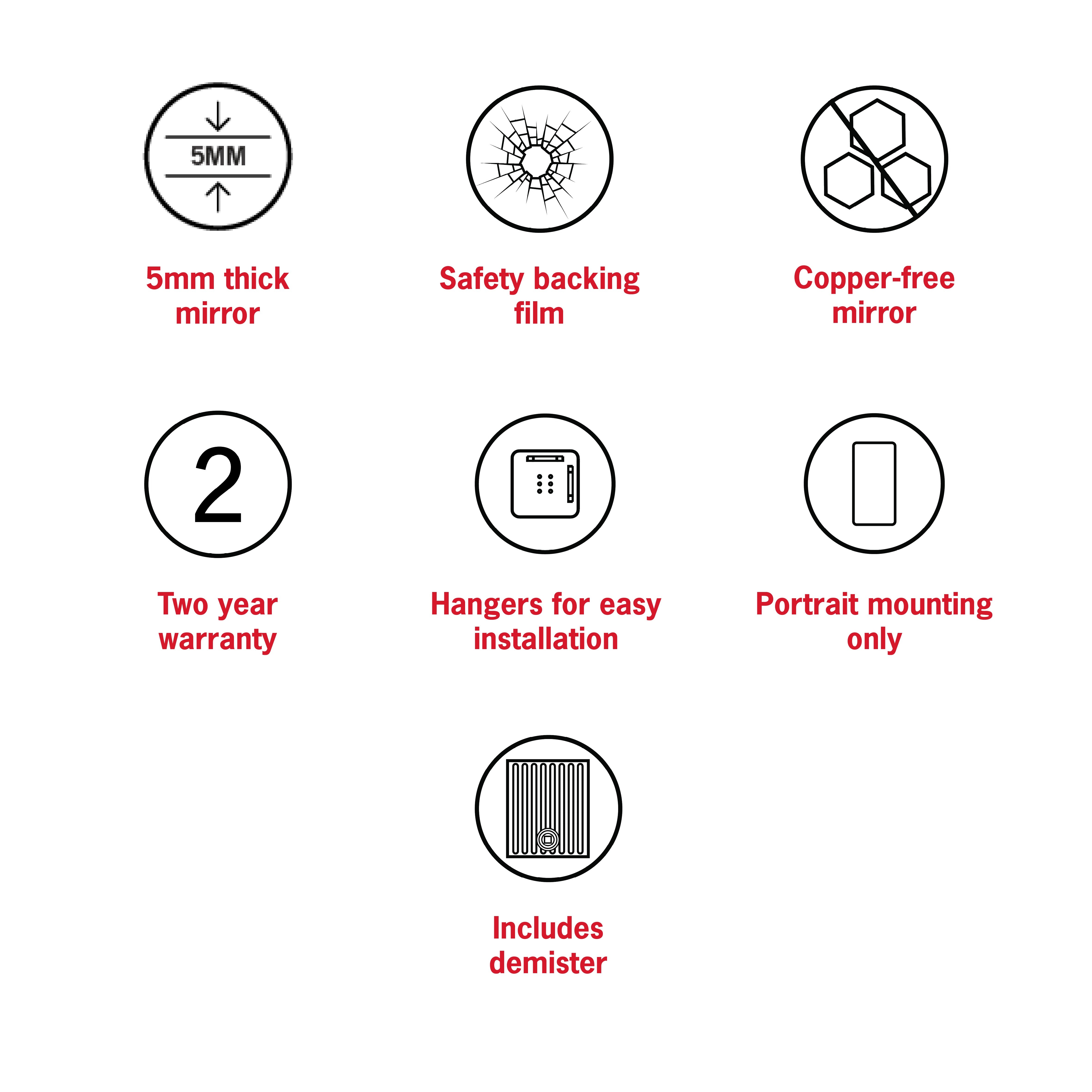 THERMOGROUP ABLAZE ARCH SHAPE MIRROR WITH HANGERS INCLUDING DEMISTER 500X800MM