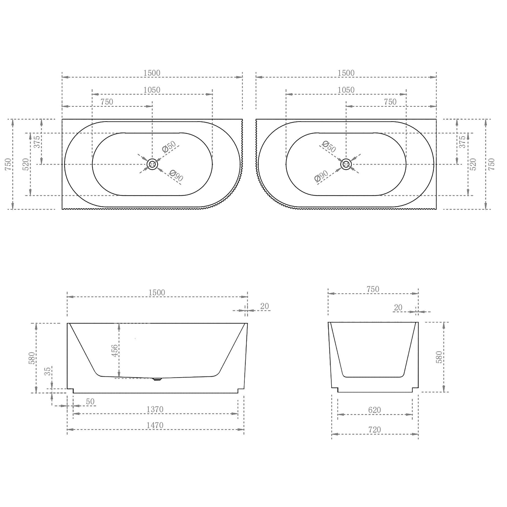 ENFLAIR BRIGHTON GROOVE FREESTANDING RIGHT CORNER BATHTUB GLOSS WHITE 1500MM AND 1700MM