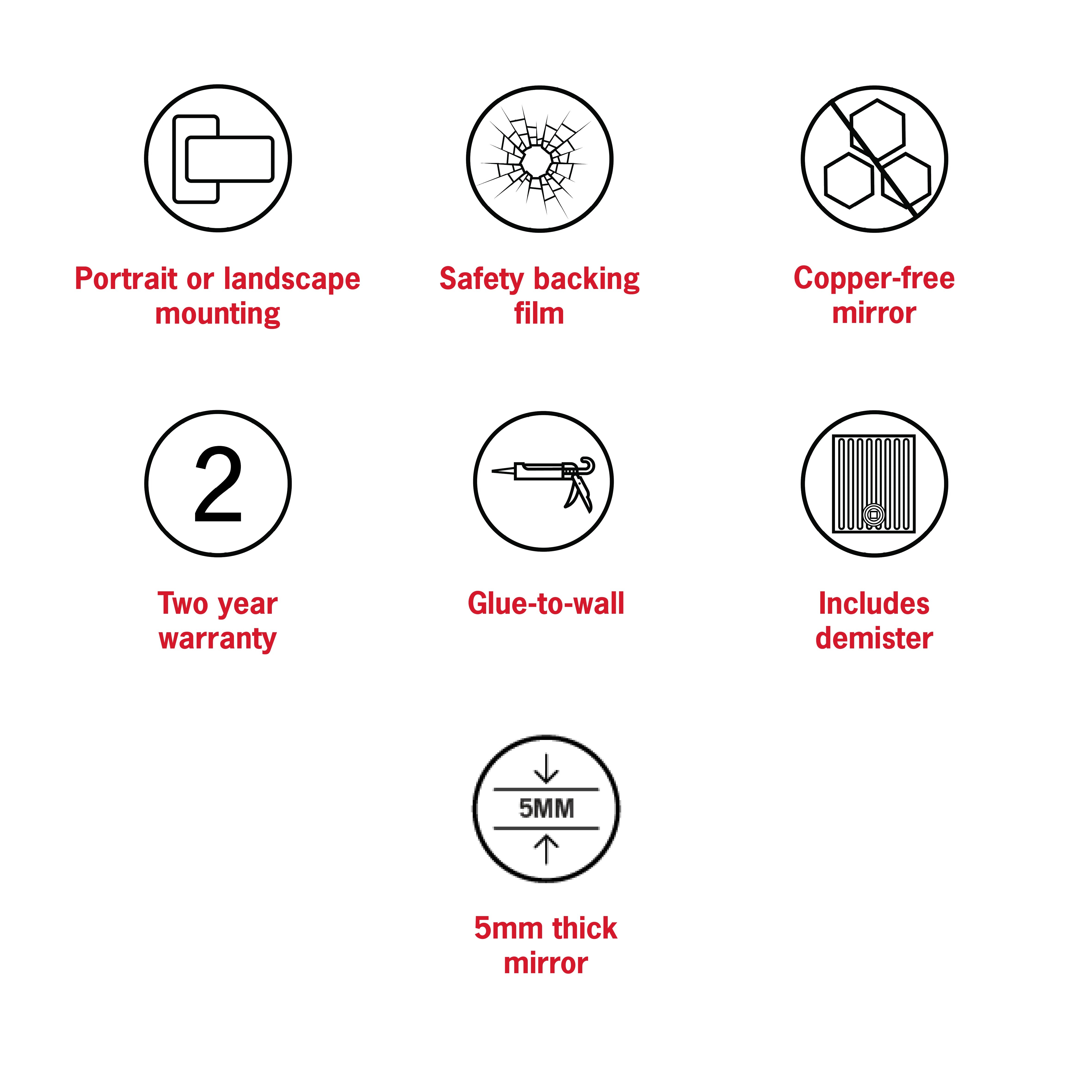 THERMOGROUP ABLAZE ARCH SHAPE MIRROR GLUE-TO-WALL WITH DEMISTER 750X1000MM