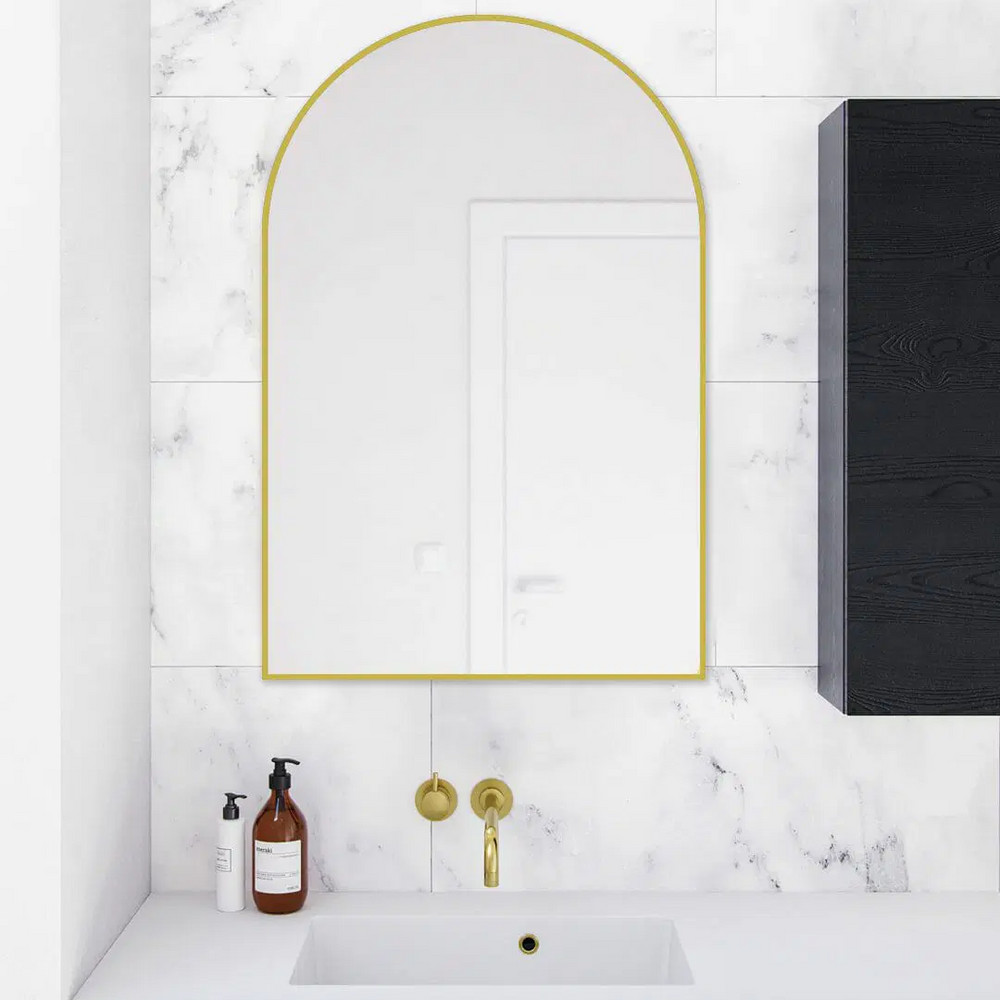 AQUAPERLA UNI ARCH FRAMED MIRROR BRUSHED GOLD 600X900MM