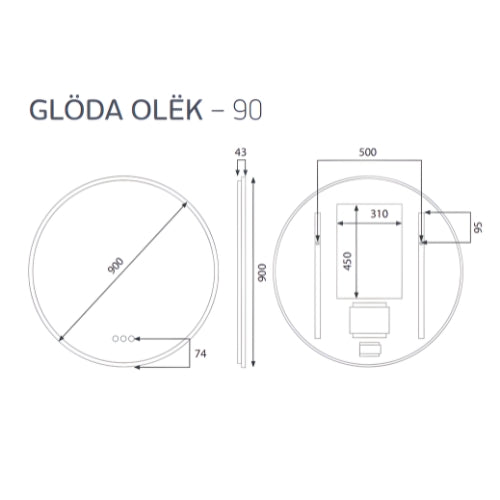 RADIANT HEATING GLÖDA OLËK LED MIRROR BLACK 900MM