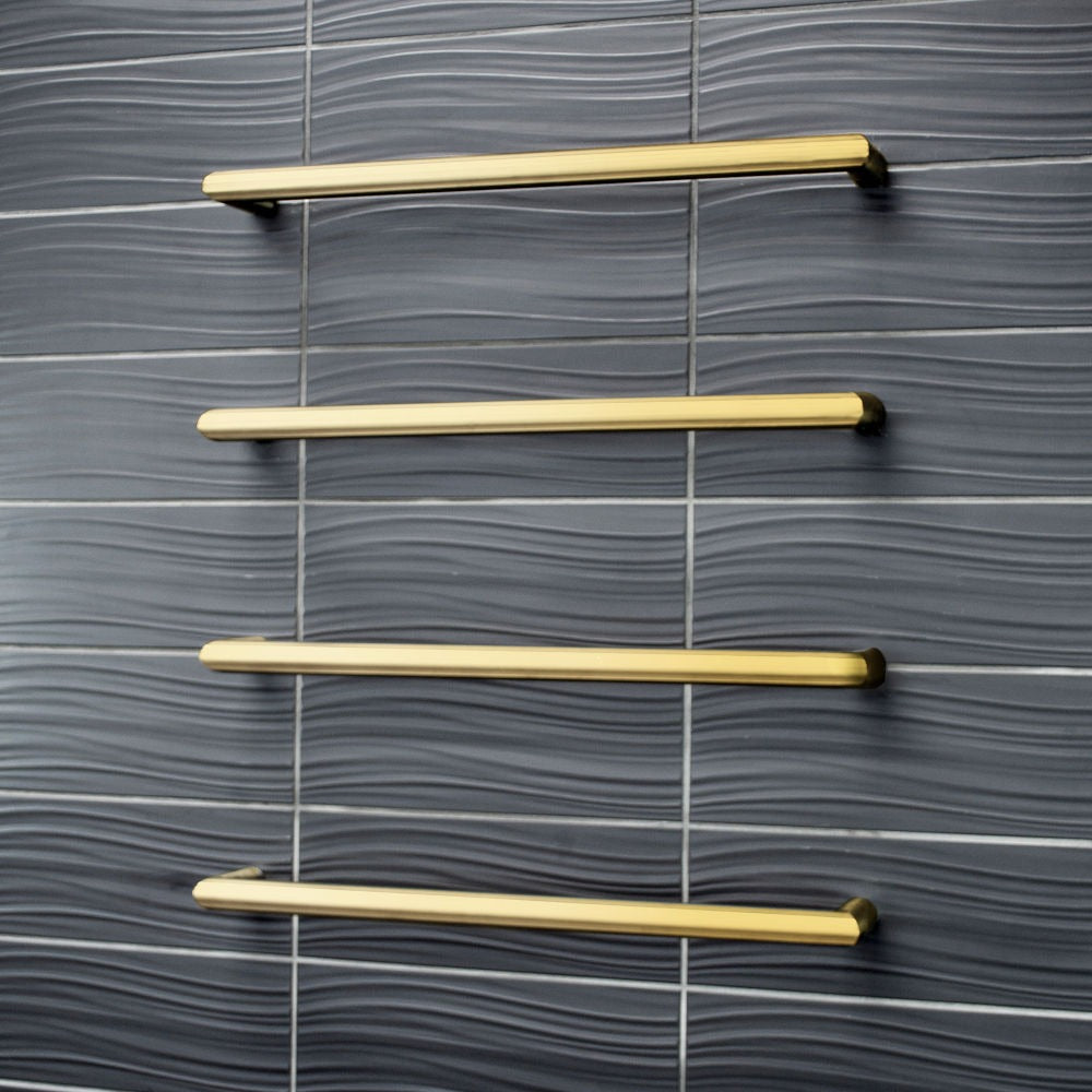 RADIANT HEATING LOW VOLTAGE SINGLE ROUND HEATED TOWEL RAIL BRUSHED GOLD (AVAILABLE IN 650MM AND 800MM)
