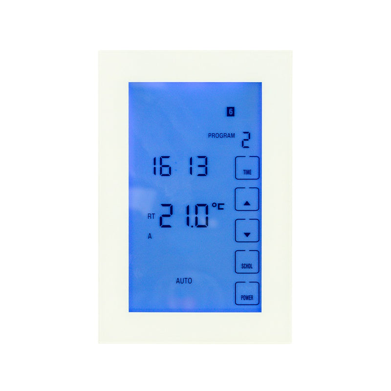 RADIANT HEATING GLASS FRONTED DUAL PURPOSE WIFI THERMOSTAT & TIMER SWITCH WHITE 120MM