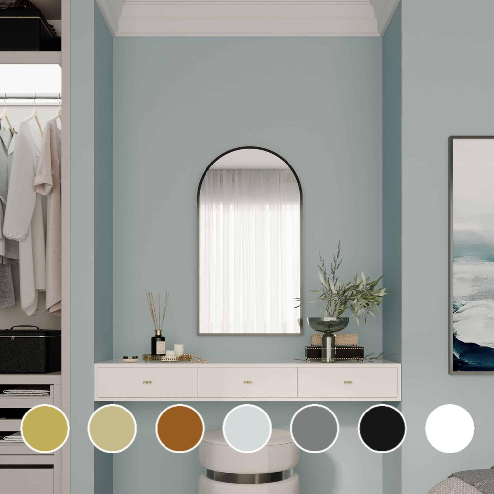 REMER MODERN ARCH FRAMED MIRROR WITH PORTABLE MAGNIFIER CUSTOM COLOURS 510X910MM