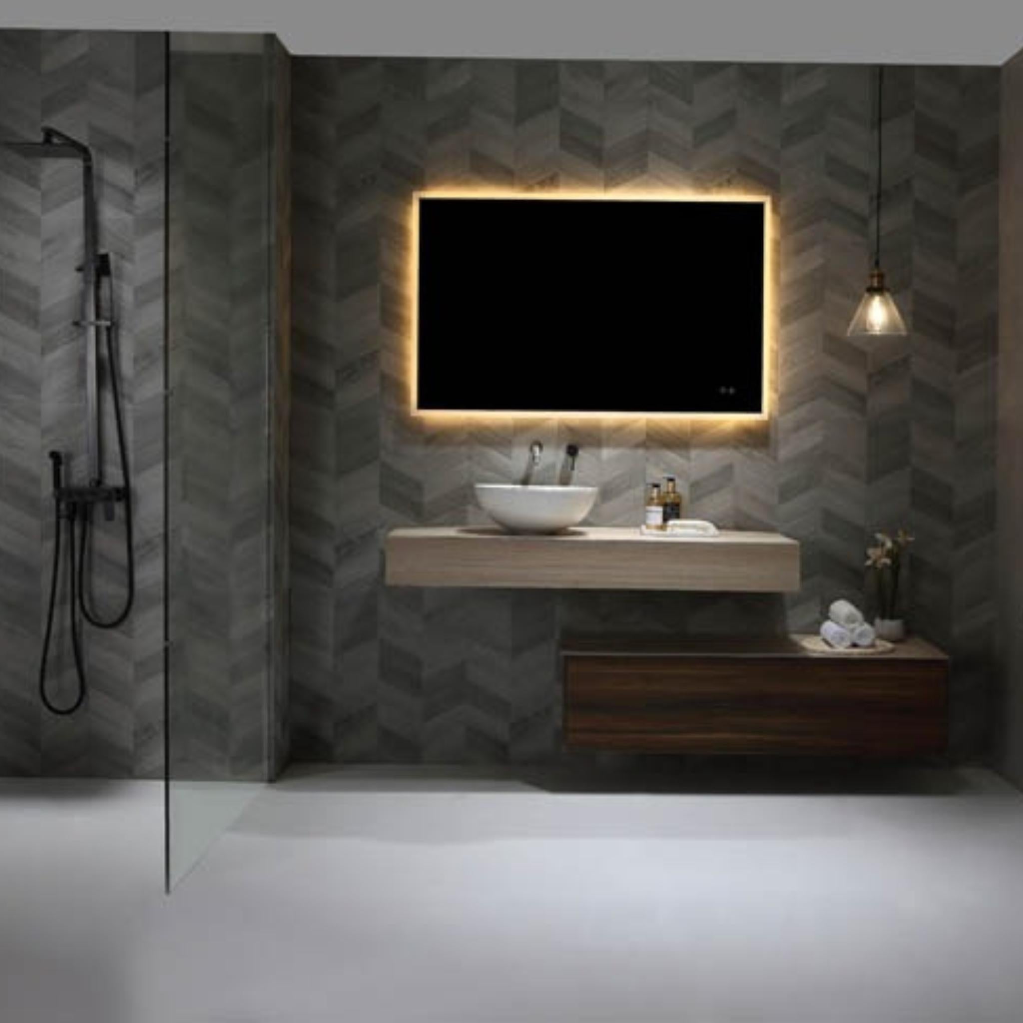 REMER KARA RECTANGLE FRAMELESS LED MIRROR W/ DEMISTER, BLUETOOTH SPEAKERS & PORTABLE MAGNIFIER 1200X750MM