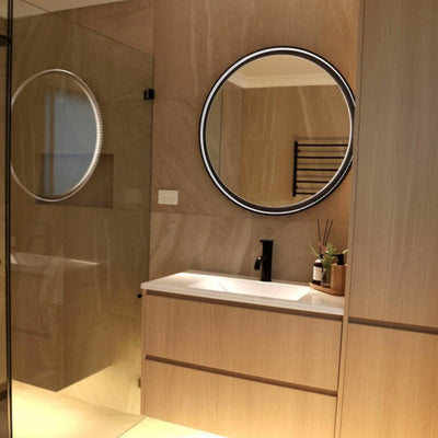 REMER ECLIPSE ROUND FRAMED LED MIRROR WITH DIMMER & DEMISTER MATTE BLACK 800X800MM