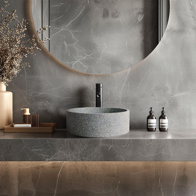 MADU BELLA ROUND ABOVE COUNTER BASIN TERRAZO STONE GREY 370MM