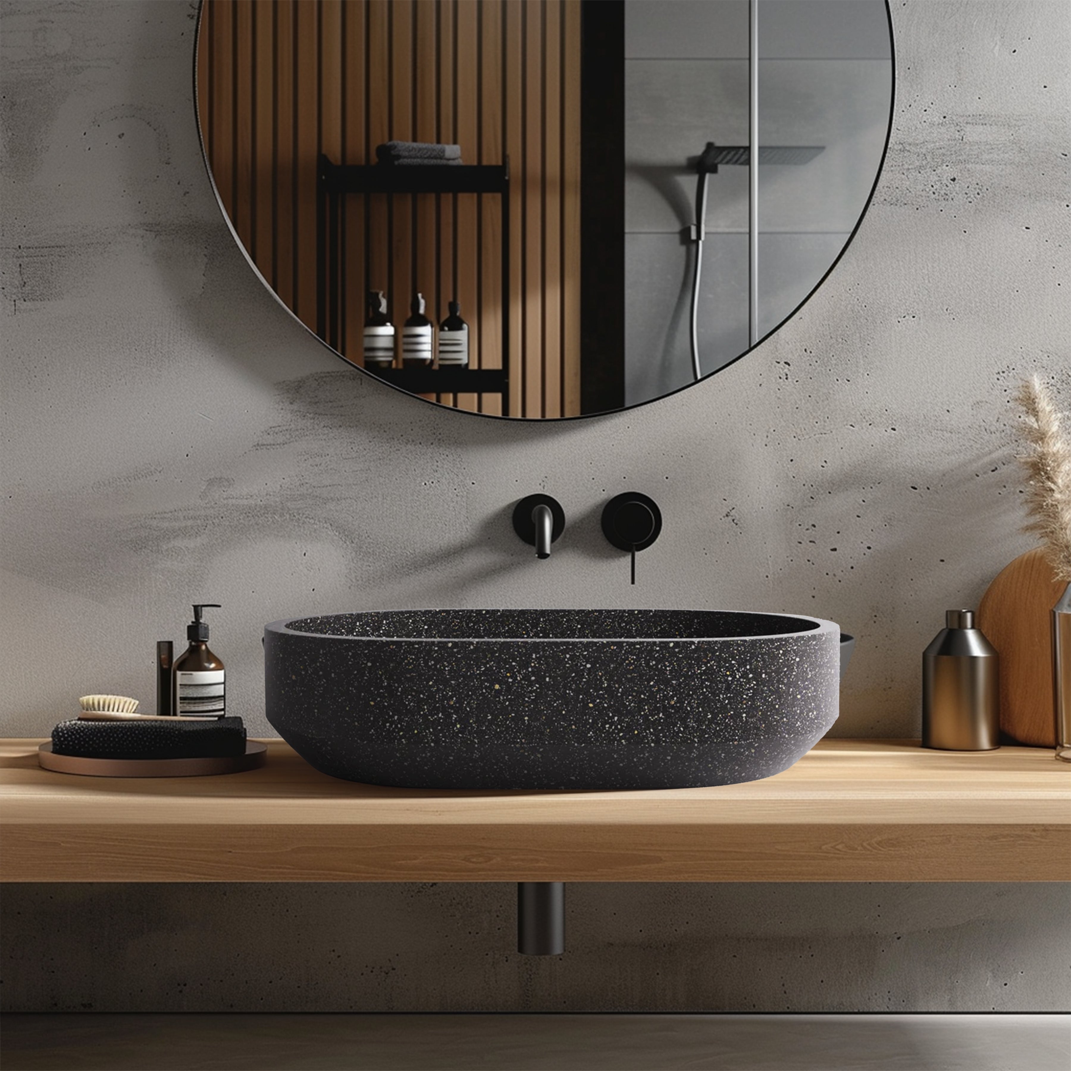 MADU EDEN OVAL ABOVE COUNTER BASIN HANDCRAFTED TERRAZO STONE BLACK 600MM